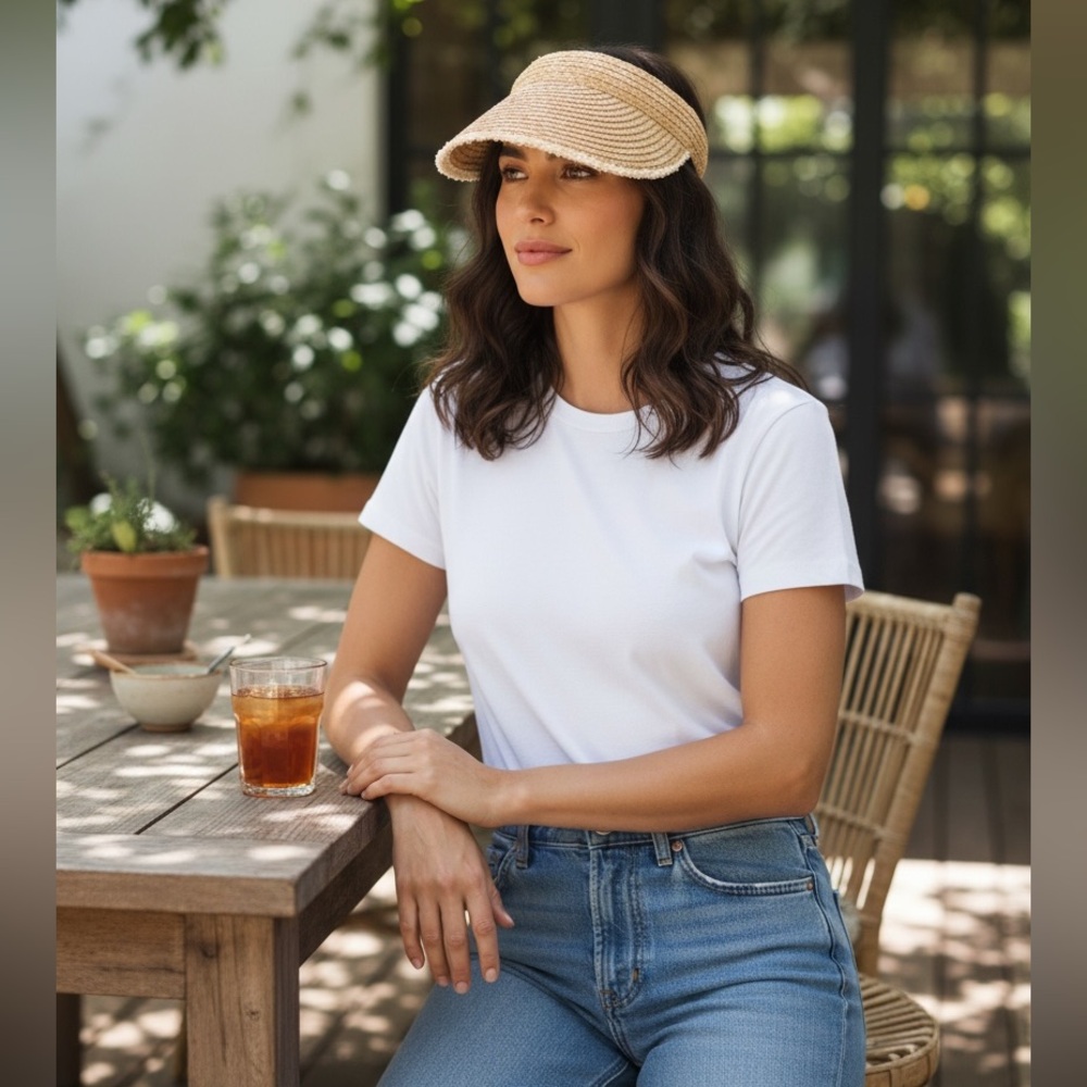 NWT Revolve Hat Attack Raffia Straw Adjustable Pocket Visor Natural Women’s OS‎